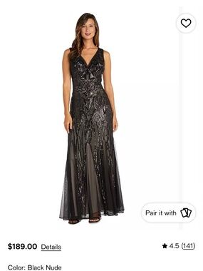 R&M Richards Black and Nude Embellished V-Neck Maxi Gown